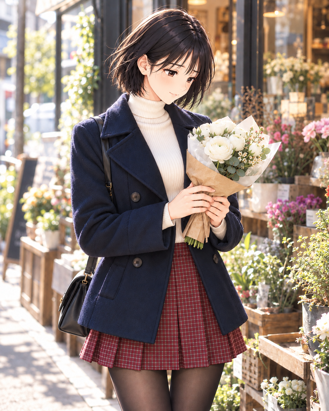 同じ花屋で白い小さな花束を持つ漫画の尚美