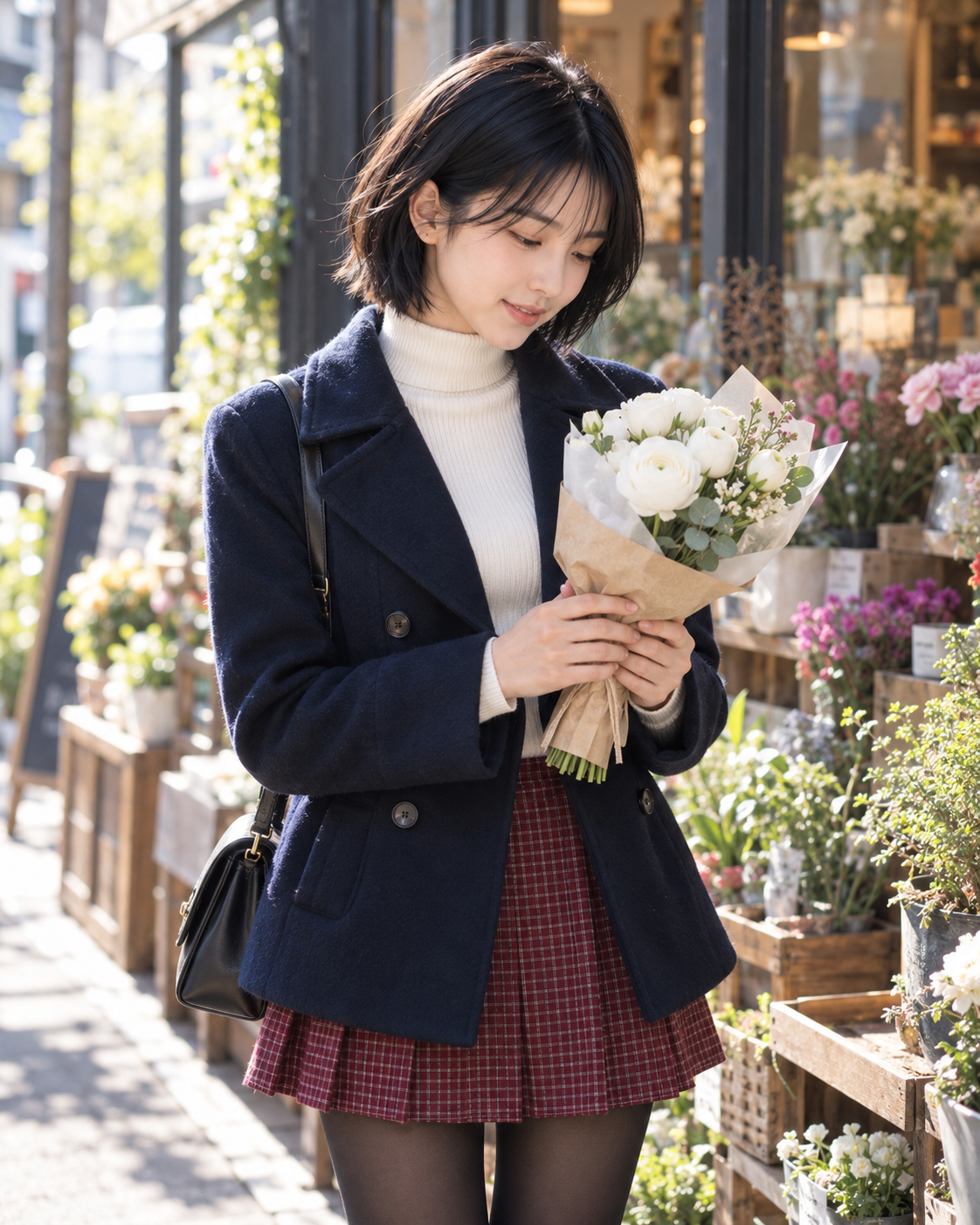 花屋の前で白い小さな花束を持つ実写の尚美